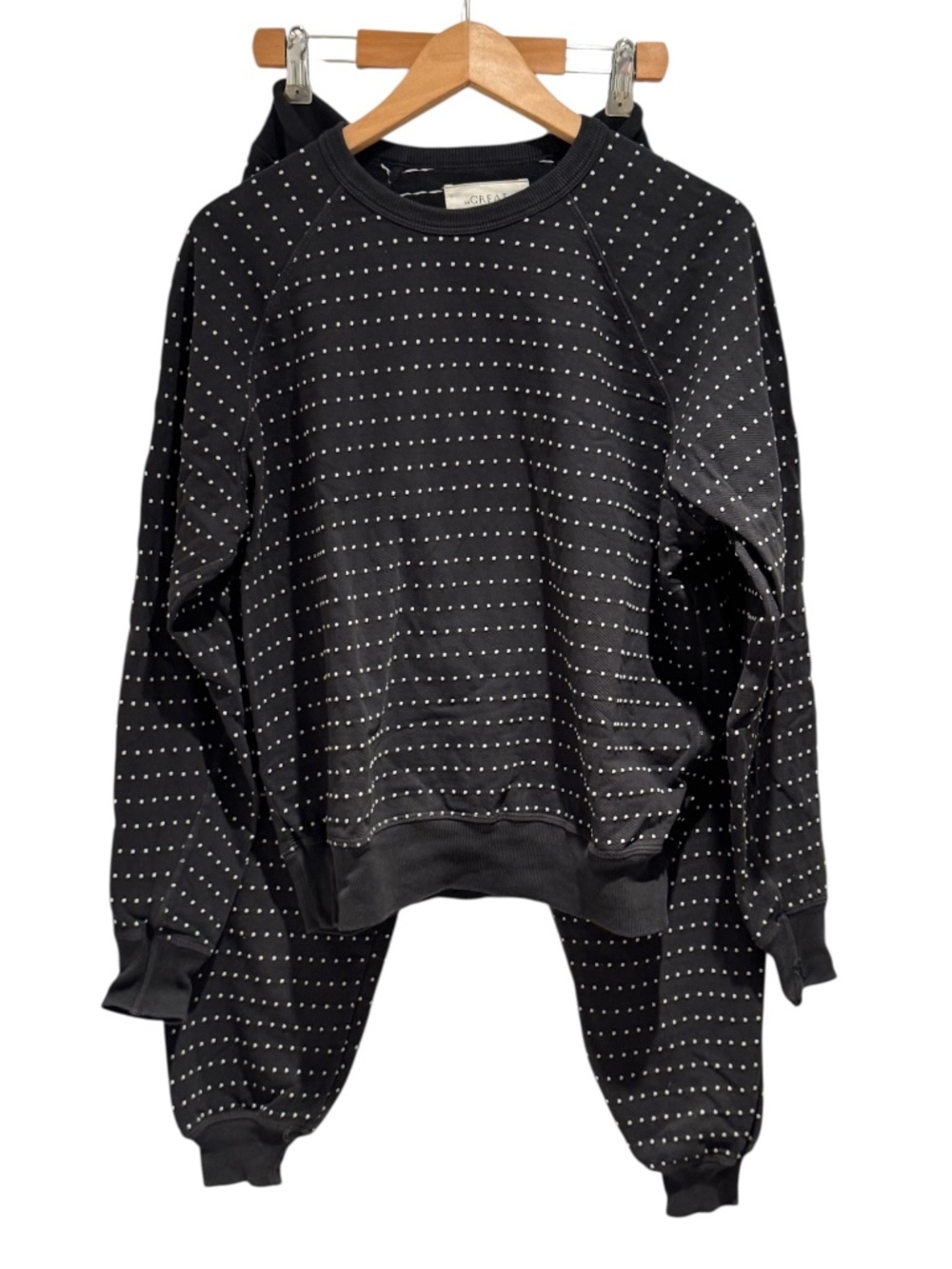 THE GREAT. Black & white Swiss dot lounge set - crew & joggers - size 0 (xs)